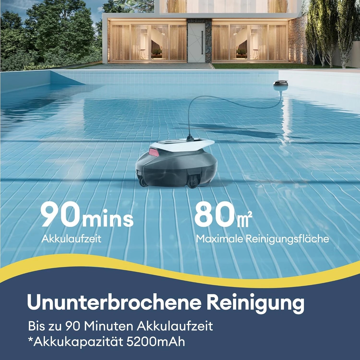 Robotic Pool Cleaner with Dual Motors, 90-Minute Runtime & 80 m² Range