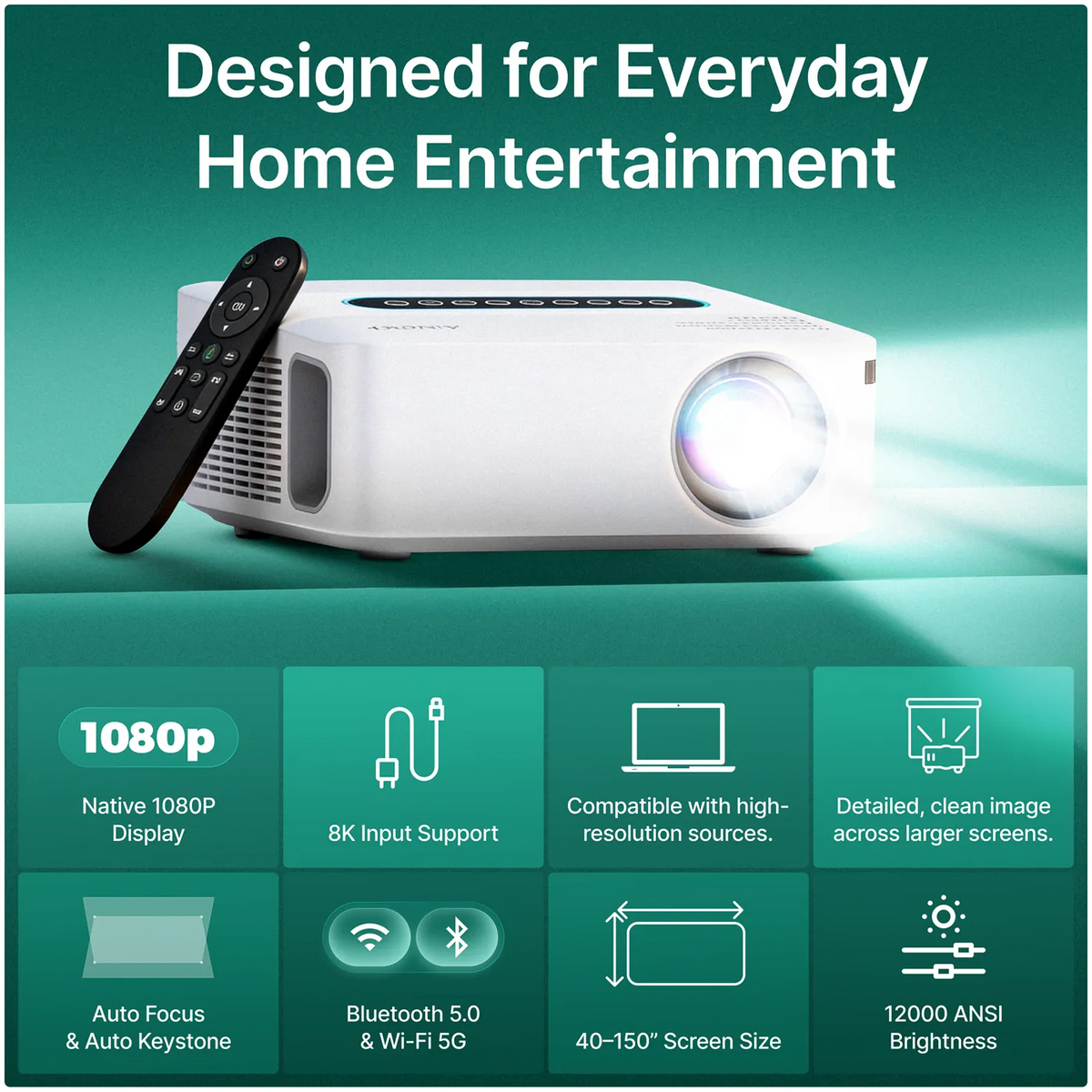 4K & 8K Support Projector with 5G WiFi, Bluetooth, 8.000+ Apps & Dolby Sound