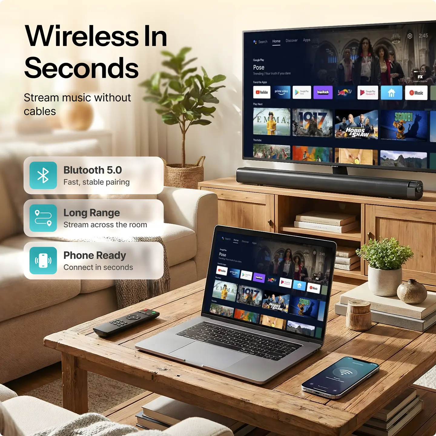 Soundbar Pro S2 for TV, PC, Laptop & Home Cinema with Bluetooth 5.0 streaming & Subwoofer-Surround-Sound