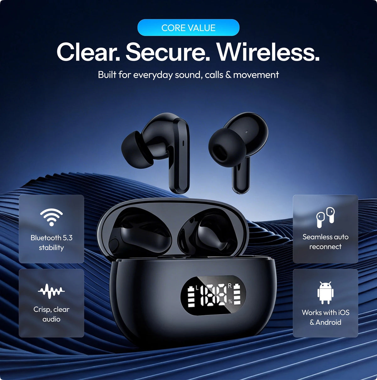 True Wireless In-Ear Earbuds, Bluetooth 5.3, 55 Hour Battery