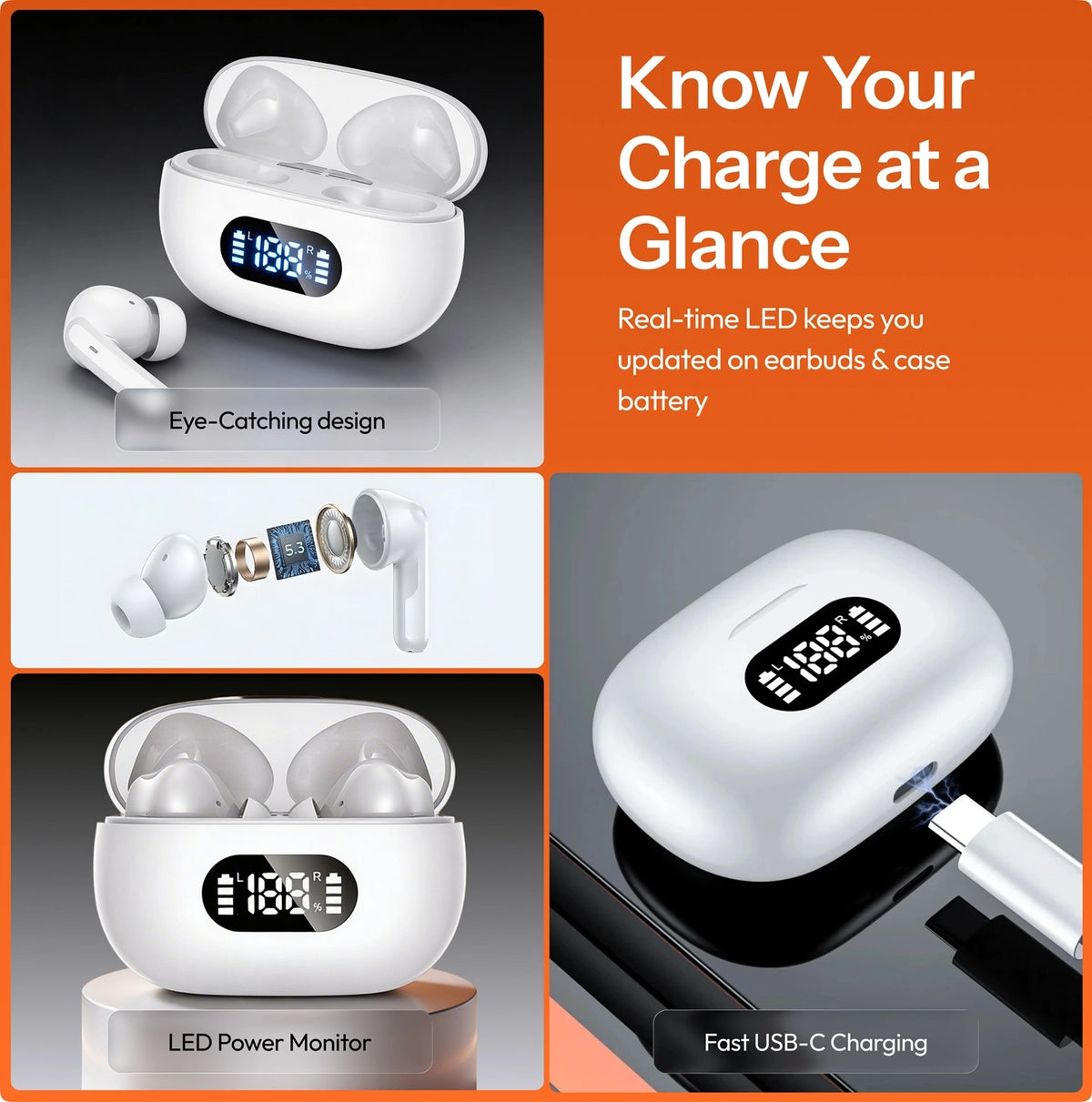 True Wireless In-Ear Earbuds, Bluetooth 5.3, 55 Hour Battery